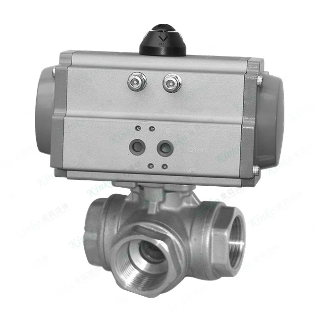 Three-way pneumatic threaded ball valve